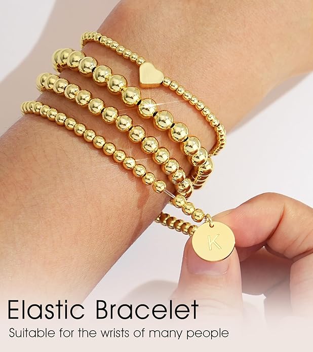 Howoo Gold Bracelets for Women Beaded Initial Bracelet Stack Dainty Heart Stretch Gold Charm Bracelet Jewelry for Women Trendy