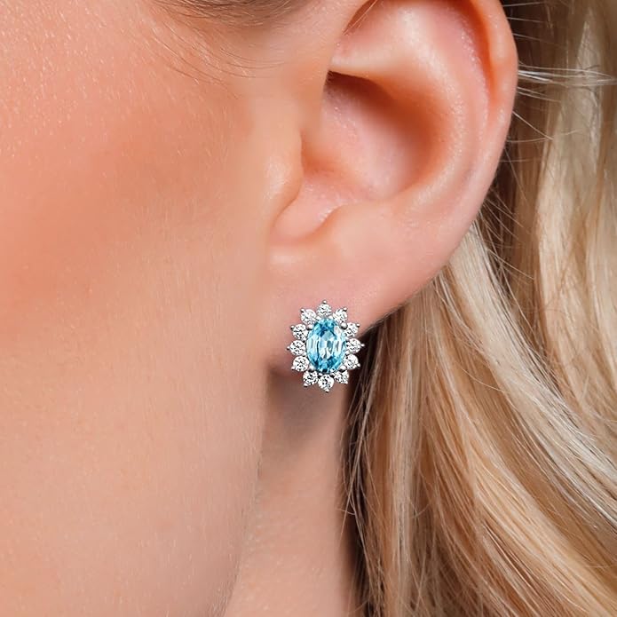 Gem Stone King 7X5MM Oval Gemstone Birthstone Stud Earrings For Women | Princess Diana Royal Halo Style | 925 Sterling Silver | Fine Jewelry Gifts for Anniversary Wedding Her Mom Women Wife