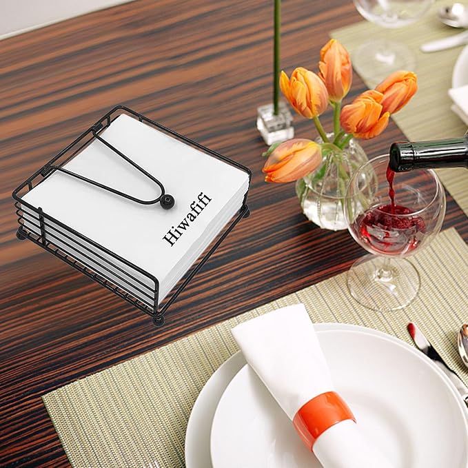 Napkin Holder for Table, Flat Napkin Dispenser with Weighted Arm, Square Cocktail Paper Holder of Elegant Rustic Iron for Kitchen Dining Room Decor Restaurant Farmhouse Hotel Party, Black