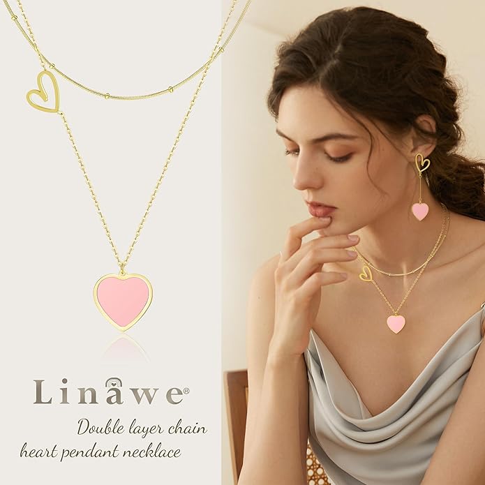 Linawe Layered Choker Heart Pendant Necklace for Women Trendy, Gold/Silver/Rose Gold Chain Stainless Steel Stacked Necklaces, Double Heart Necklace Y2K Preppy Jewelry