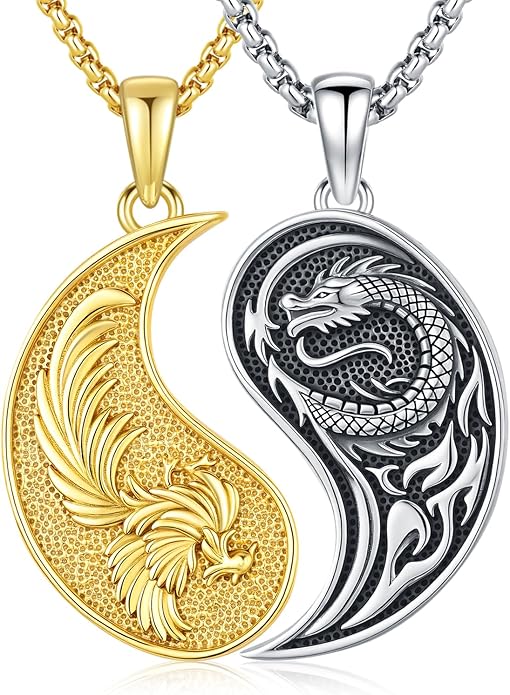 MEDWISE Dragon Phoenix Yin Yang Necklace Double 925 Sterling Silver Dragon Phoenix Pendant Partner Friendship Couples BFF Pendant Necklace Yin Yang Jewelry Matching Set for Her Him Women Men