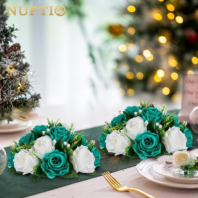 NUPTIO Flower Wedding Centrepieces for Tables - 2 Pcs 9.5in Diameter Teal & White Artificial Flowers Rose Ball for Centerpieces Table - Fake Rose Arrangements for Weddings Birthday Party Decorations