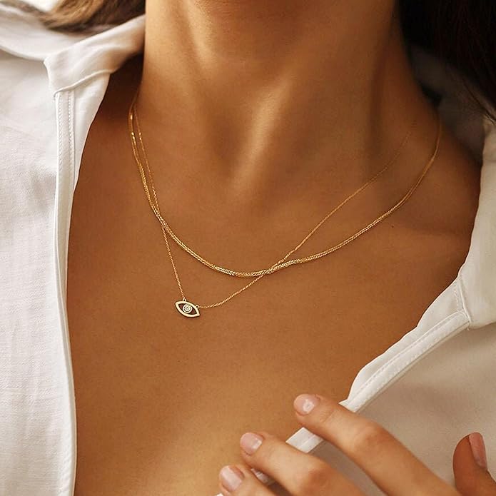 Evil Eye Necklace for Women 14K Gold Plated Delicate Necklaces Blue White CZ Diamond Pendant Necklace Cute Boho Tiny Evil Eye Lucky Protection Jewelry Gift for Women