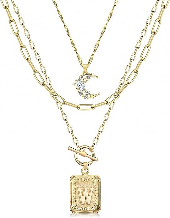 MJartoria Layered Initial Necklaces for Women Trendy, 14K Gold Plated Brass Simple Moon Choker Square Letter Pendant Necklace, Paperclip Chain Necklaces Jewelry Gifts