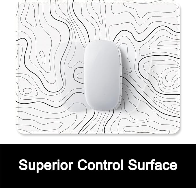 ITNRSIIET Mouse Pad with Stitched Edge Premium Textured Smooth Precise Operation Waterproof Washable Non-Slip Rubber Base Desktop Protection Mat, 10.2×8.3×0.12 inches, Topographic Contour White