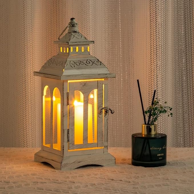 DECORKEY Lanterns Decorative Indoor & Outdoor, Medium Hanging Home Decor, Vintage Metal Decorative Candle Lanterns for Outdoor Patio Wedding Party White with Black Brush