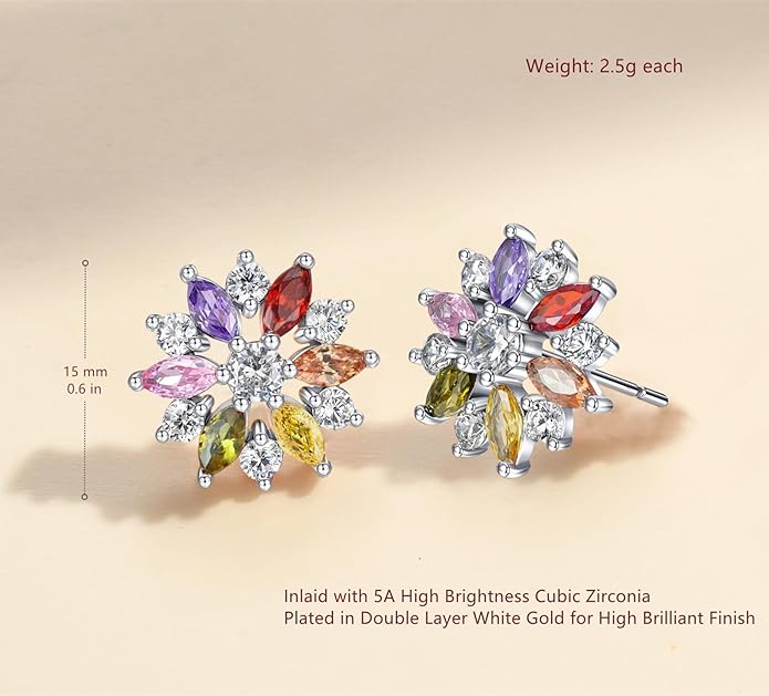 VONSSY Colorful Snowflake Pendant Necklace Earrings Rose Gold 5A Cubic Zirconia | Crystal Sweater Chain | Multi Gemstone Garnet Amethyst Morganite Peridot Prom Rhinestone Necklaces for Women Vintage Stylish Gift