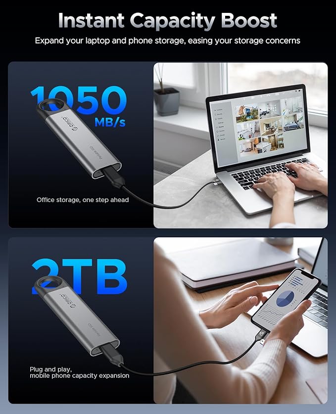 ORICO 2TB External SSD Up to 1050MB/s, Hanging Hole Design Portable Solid State Drive, USB C&A 2 in 1 Cable, Reliable Storage for Type-C Smartphone, Tablets, Laptops - C10