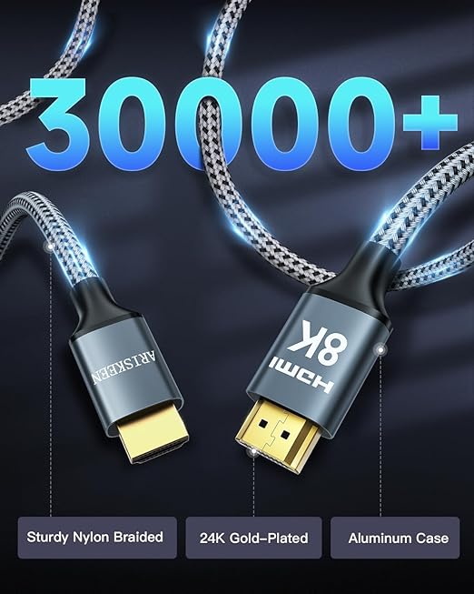 ARISKEEN 8K HDMI Cable 20FT, 48Gbps High Speed HDMI 2.1 Cable, 8K 60Hz, 4K 120Hz 144Hz Support for HDR 10, HDCP 2.2 2.3, eARC, DTS:X, Braided HDMI Cord Compatible with Laptop/HDTV/Monitor - 20 Feet