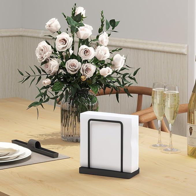 Napkin Holder for Table, Wood Metal Napkin Holder for Kitchen Dining, Standing Paper Napkin Storage for Table Countertop, Black