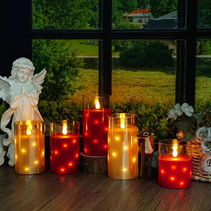 Real Wax Flameless Candles Glass,Battery Operated LED Candles with Flickering Flame,Glass Shell,Interior Star Light Decoration Set of 3 Gold (D3×H 4" 5" 6") for Home Decor,Holiday Decoration