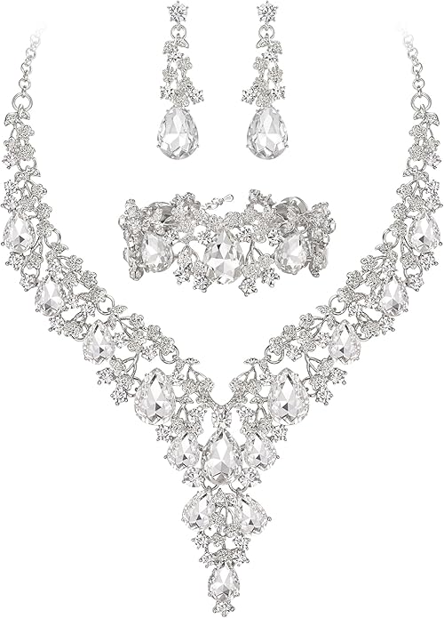 BriLove Women's Wedding Bridal Austrian Crystal Teardrop Flower Cluster Statement Necklace Dangle Earrings Jewelry Set for Party Prom