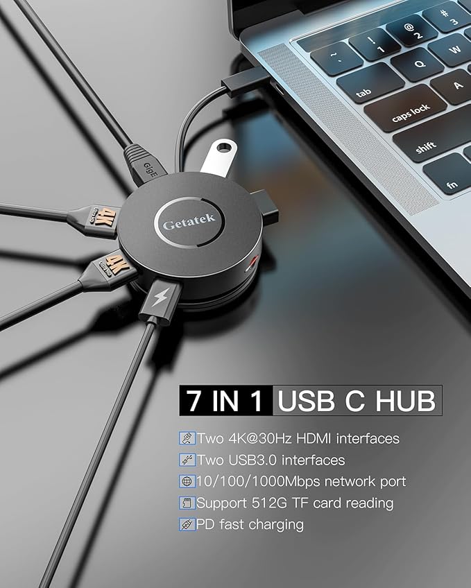 USB C Hub, 7 Ports Type C Multiport Adapter with Dual 4K HDMI, 100W PD Charging, 2* USB 3.0 5Gbps Port,Gigabit Ethernet, TF Card Reader, for MacBook Air, MacBook Pro (USB C Dock Dual HDMI)