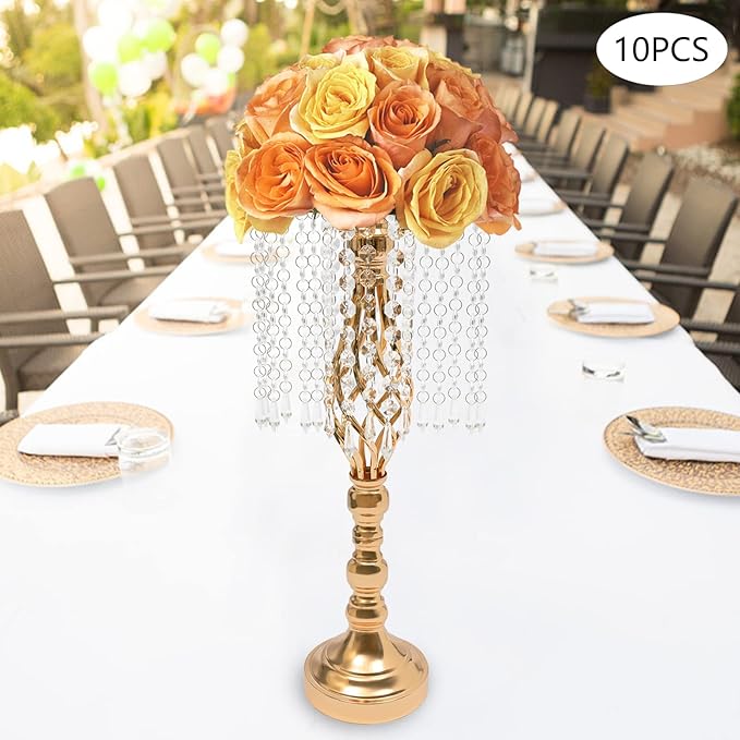 Wedding Centerpieces Gold Vases,10PCS Metal Flower Candle Holder with Sparkling Crystal Beads,Crystal Flower Vase Metal Flowers Stand for Party Tables Decorations (10PCS-Gold-15)