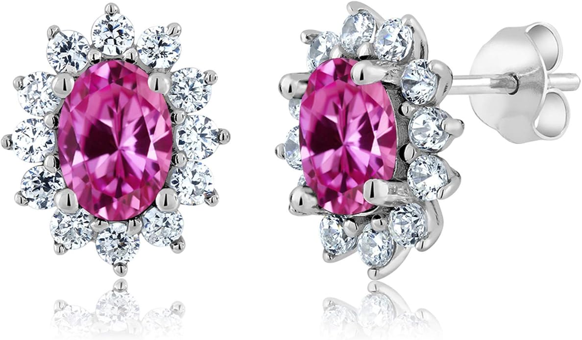 Gem Stone King 7X5MM Oval Gemstone Birthstone Stud Earrings For Women | Princess Diana Royal Halo Style | 925 Sterling Silver | Fine Jewelry Gifts for Anniversary Wedding Her Mom Women Wife