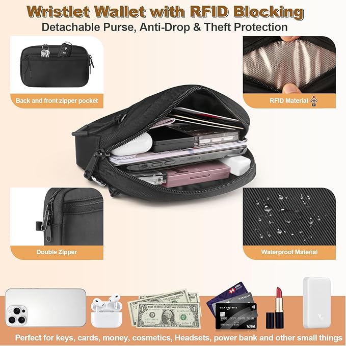 Clip and Go Strap for Phone with Wallet Crossbody, Adjustable Phone Lanyard with Detachable RFID Wristlet Wallet, Black (L)