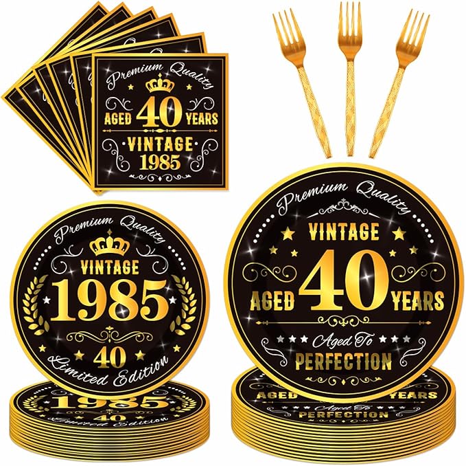 96PCS 40th Birthday Plates and Napkins Party Supplies 40th Birthday Decorations for Men 40th Anniversary Decorations Vintage 1985 Birthday Party Tableware Sets Serve 24 Guests