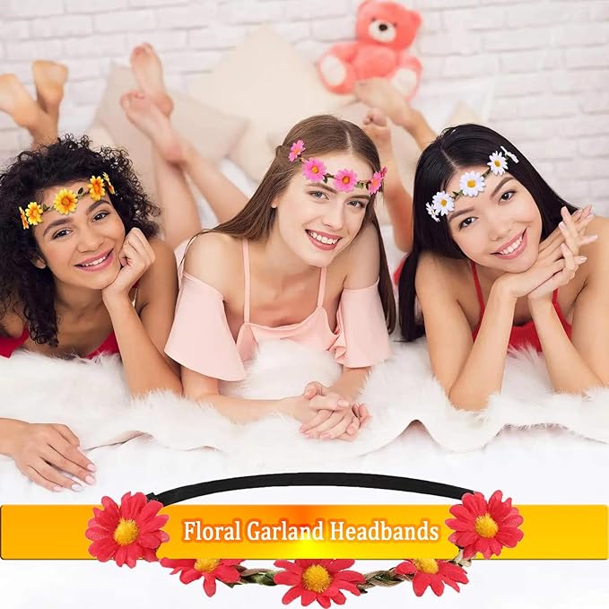 Flower Crowns For Women,16 Pieces Multicolor Daisy Flower Headband Hippie Headbands For Women Girls With Adjustable Elastic Ribbon Floral Garland Headbands For Festival Wedding Party