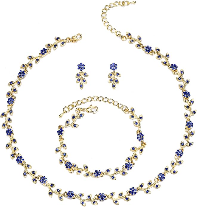 BriLove Wedding Jewelry Set for Women Bride, Gorgeous Stunning Crystal Flower Leaf Cluster Choker Necklace Link Bracelet Stud Earrings Bridal Bridesmaid