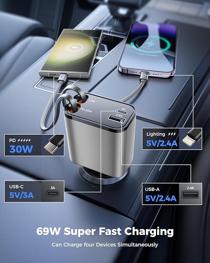 [2024 Upgraded] 4 in 1 Retractable Car Charger, SUPERONE Smaller Fast Car Phone Charger 69W with Cord, USB C and iPhone Car Charger Adapter, Compatible iPhone 15/15 Pro Max/14/13/12/11, Sumsung