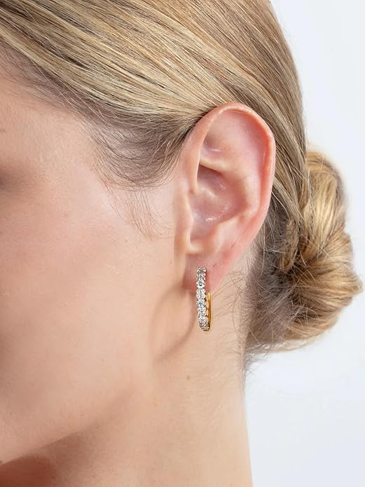 Women's Huggie Hoops with Birthstone 925 Sterling Silver Huggie Stud Hypoallergenic 14K Gold Plated Moissanite Earrings -Emerald Sapphire Ruby Hoop Earrings, Size 20 25mm