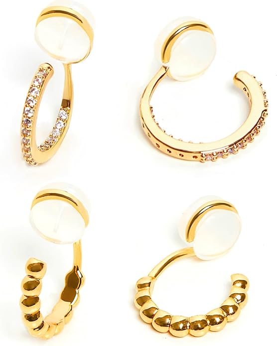 Clip on Hoop Earrings for Women, 14K Real Gold Plated Non Pierced Small Hoop Cubic Zirconia, Fake Piercing Mini Beaded Hoop Earrings Set 2 Pairs