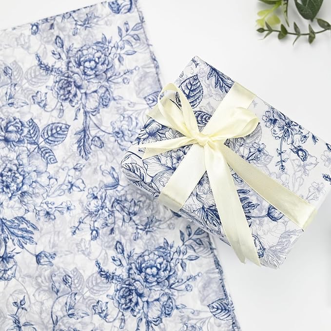 100 Sheets Blue Flower Gift Wrapping Tissue Paper Recyclable Greenery Botanical Packaging Bag for Wedding Birthday Showers Art Craft Party Favor Decoration