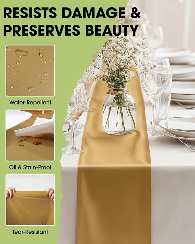 Pureegg Gold Plastic Table Runners - 12 Pack, 14'' x 108'', Water Resistant & Disposable Centerpiece Decorations for Table Cloth, Wedding, Birthday, Holiday, Baby Shower, Party, Home Decor