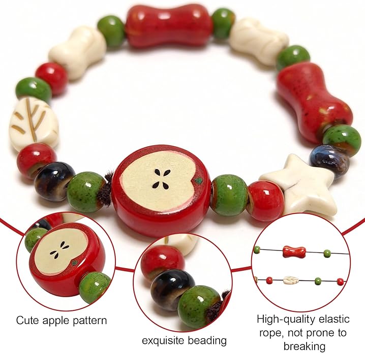 Handmade Ceramic Apple Charm Bracelet, Woven Rope String Wristband with Red Fruit Porcelain Beads, Adjustable Artisan Jewelry for Women, Nature-Inspired Accessory, Unique Teacher Appreciation Gifts
