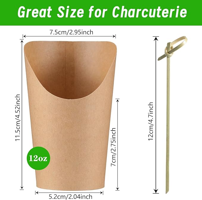 12Oz Charcuterie Cup Set, 100 Pcs Cups with 200 Pcs Coctail Picks, French Fry Holder and Bamboo Knot Skewers, Handheld Party Appetizer Kit, Disposable Kraft Paper Snack Box Container, Take Out Cones