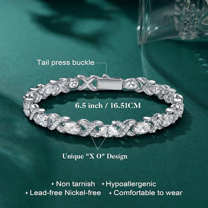 Iefil Valentines Day Gifts for Her, Oval Birthstone Tennis Bracelets for Women Wife Unique X O Design Fine Jewelry Anniversary Birthday Gift 925 Sterling Silver Birthstone Jewelry for Mom Girlfriend