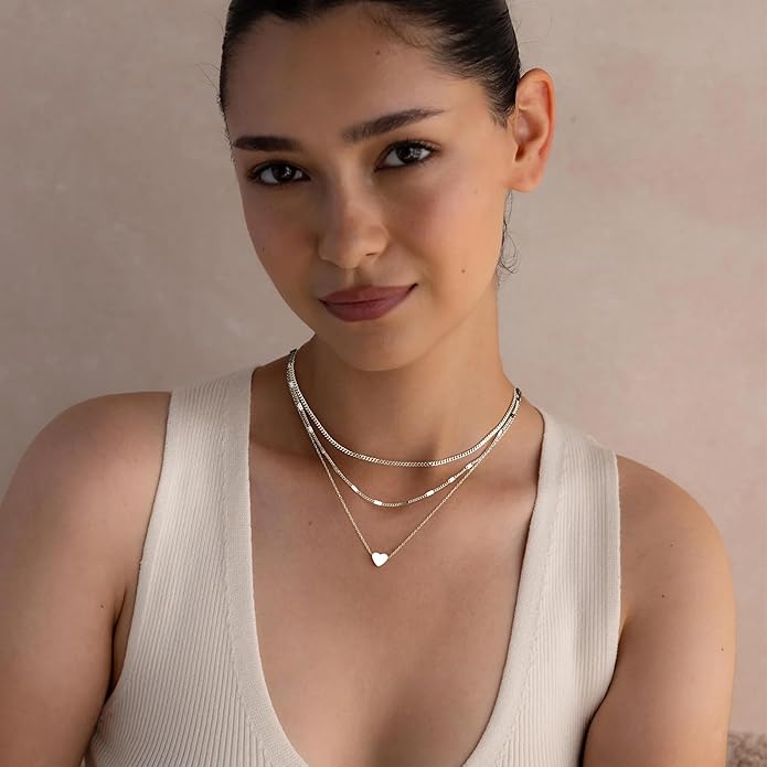Layered Gold Necklaces for Women, Stackable Dainty 14K Gold Silver Plated Trendy Simple Heart Diamond Cross Bow Circle Pendant Paperclip Choker Dot Chain Necklace,Jewelry Set Gifts for Women