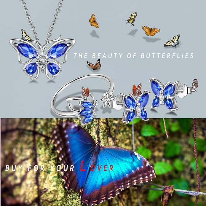 925 Sterling Silver Birthstone Butterfly Jewelry Women Crystal Animal Cute Butterflies Birthday Necklace/Earring/Ring/Bracelet Sets Birth Stone Statement Anniversary Jewellery