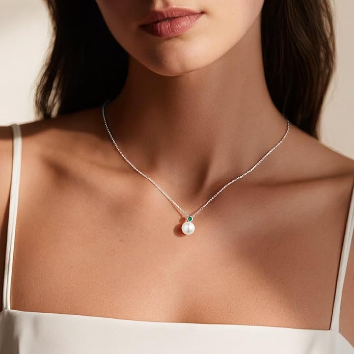 Iefil Valentines Day Gifts for Her - 9-10mm Freshwater Pearl Necklace for Women, Anniversary Birthday Gifts for Wife Mom Girlfriend, S925 Sterling Silver Pearl & Birthstone Necklace, Jewelry for Women