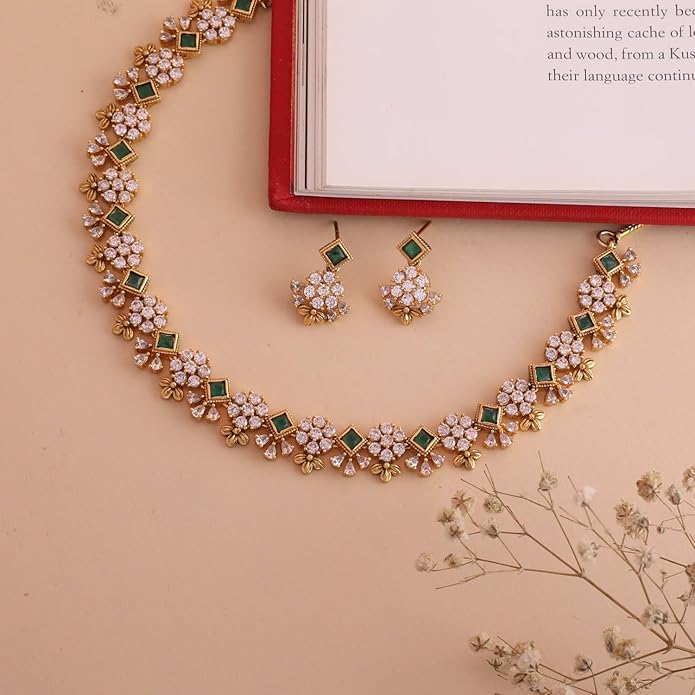 TARINIKA Green and White Cubic Zirconia(CZ) Indian Necklace Set with Earrings, Gold Plated Brass Fashion Indian Jewelry Gift for Women Bollywood Costume Jewellery