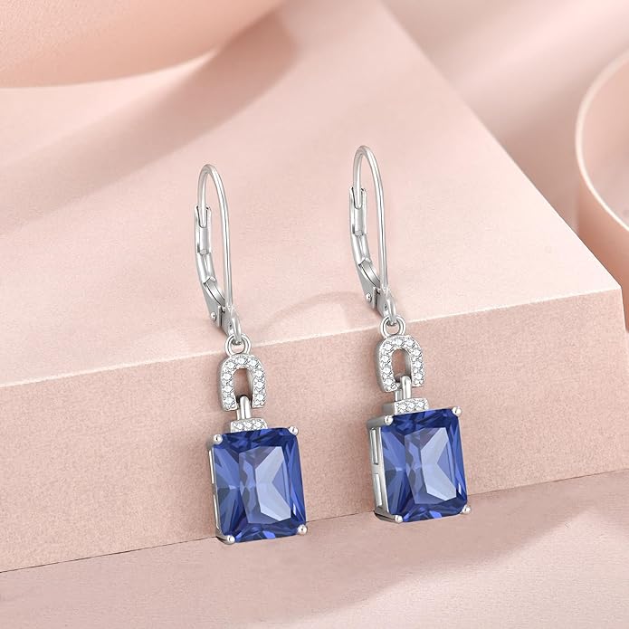 Emerald Cut Earrings 925 Sterling Silver Baguette Birthstone Dangle Drop Leverback Earrings Jewelry Gifts for Women