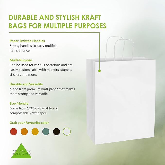 Prime Line Packaging White Gift Bags, Paper Shopping Bags with Handles for Small Business, Boutiques, Retail, Merchandise, Favors, Bulk, 10x5x13, 25 Pack