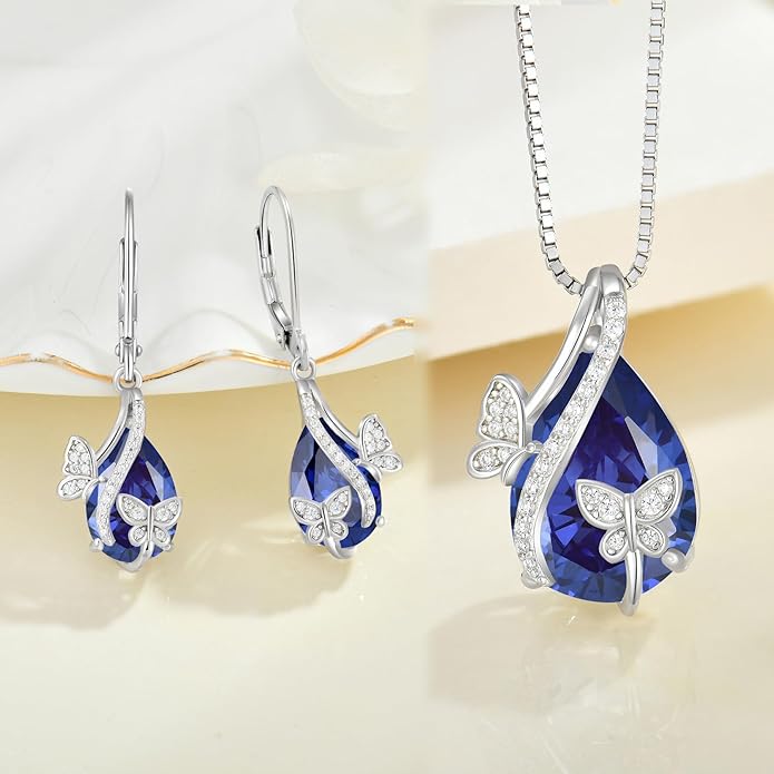 Butterfly Jewelry Sets for Women 925 Sterling Silver Birthstone Tanzanite Earrings and Necklace Set