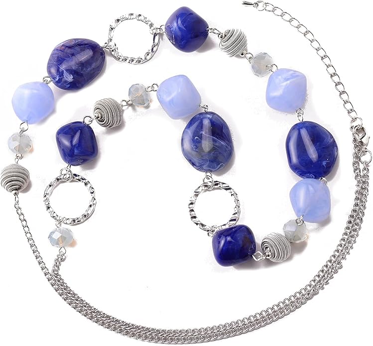 BULINLIN Beaded Long Necklace for Women Silver Sweater Chain Necklace with Crystal Resin Beads, Fashion Jewelry Necklace