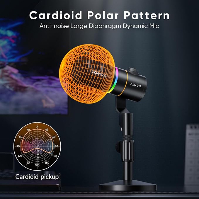 COMICA EJoy D10(D) USB Gaming Microphone – RGB Dynamic Mic with Noise Cancellation, XLR/USB-C, Real-Time Monitoring, Muting, Professional Studio Mic for Gaming, Streaming, Podcast, Recording (Black)
