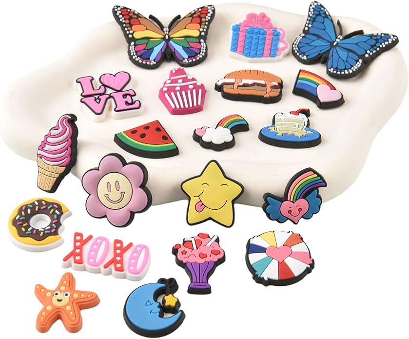 20PCS Cute Shoe Charms for Girls Teens - PVC Flower, Rainbow, Dessert Shoe Clips Decorations for Holely Shoes, Sneakers, Casual Footwear