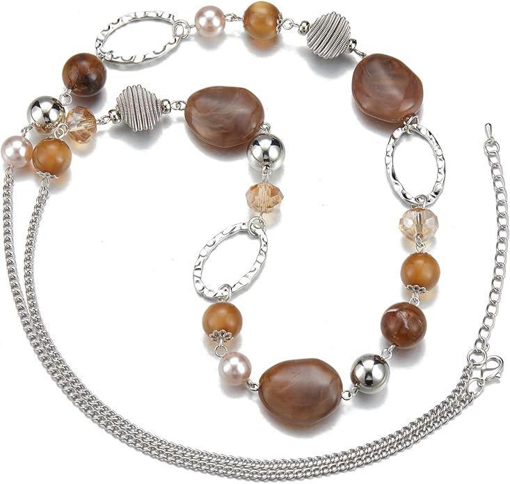 BULINLIN Beaded Long Necklace for Women Silver Sweater Chain Necklace with Crystal Resin Beads, Fashion Jewelry Necklace