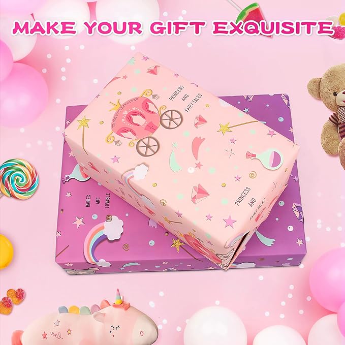 Edunass Wrapping Paper Girls Birthday Wrapping Paper Sheets,Purple Castle Pink Gift Wrapping Paper Set Gift Wrap Birthday Paper(6 Sheets 28" Lx20 W per Sheet)