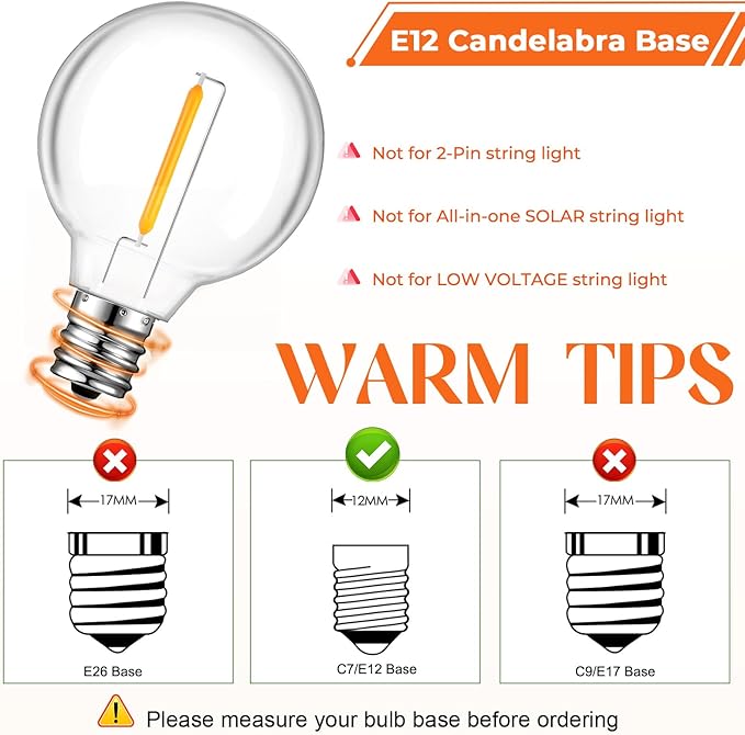 36 Pack LED G40 Replacement Bulbs for String Lights, Shatterproof Plastic Globe Bulb for Indoor Outdoor Patio Decor, E12 Candelabra Socket Base, Warm White
