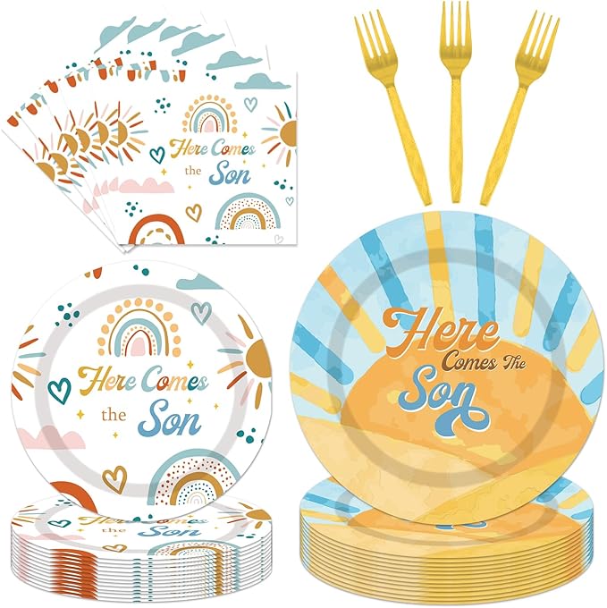 96PCS Here Comes The Son Plates and Napkins Party Supplies Here Comes the Son Baby Shower Decor Sunshine Baby Shower Decorations Boy Boho Sun Tableware Set for 24 Guests