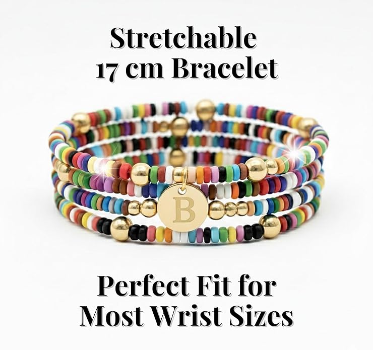 Set of 4 Colorful Bead Initial Bracelets, Personalized Stackable Jewelry, Adjustable Stretchy Charm Bracelets for Women, Beaded Bracelet Set, Trendy Custom Jewelry Gift