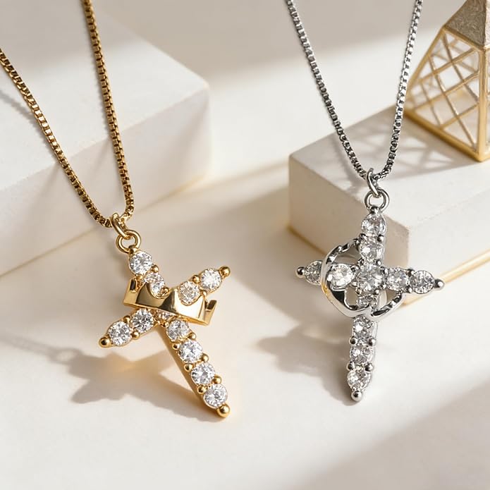 Crown Cross Necklace for Women, 14K Gold Silver Cubic Zirconia Crown Cross Necklace, Diamond Gold Silver Cross Necklaces, Dainty Cross Faith Simple Trendy Charm Jewelry Gift for Women