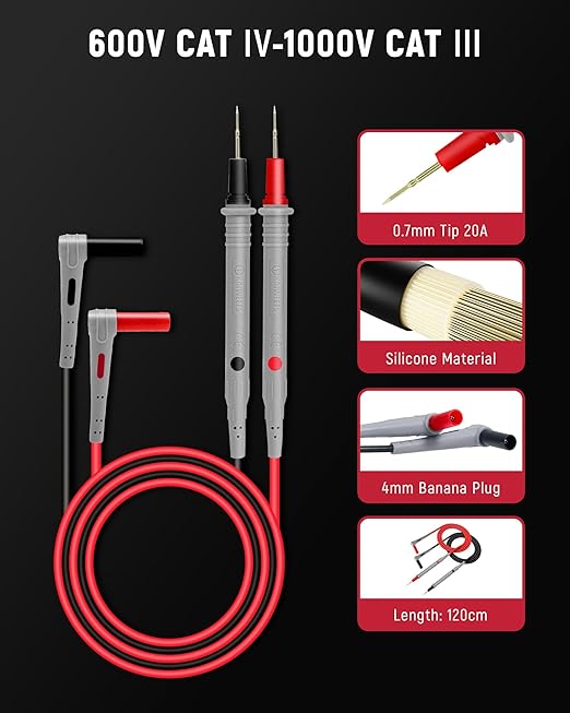 KAIWEETS Silicone Multimeter Test Leads with Gold-Plated Probes, 48 inch Long, CAT III 1000V CAT IV 600V 20A, Compatible with Volt Clamp Meter Electrical Testing Tools