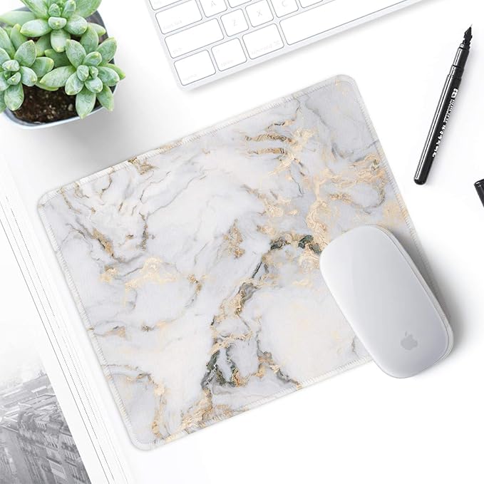 ITNRSIIET Mouse Pad with Stitched Edge Premium Textured Smooth Precise Operation Waterproof Washable Non-Slip Rubber Base Desktop Protection Mat, 10.2×8.3×0.12 inches, Gray Marbling Gold