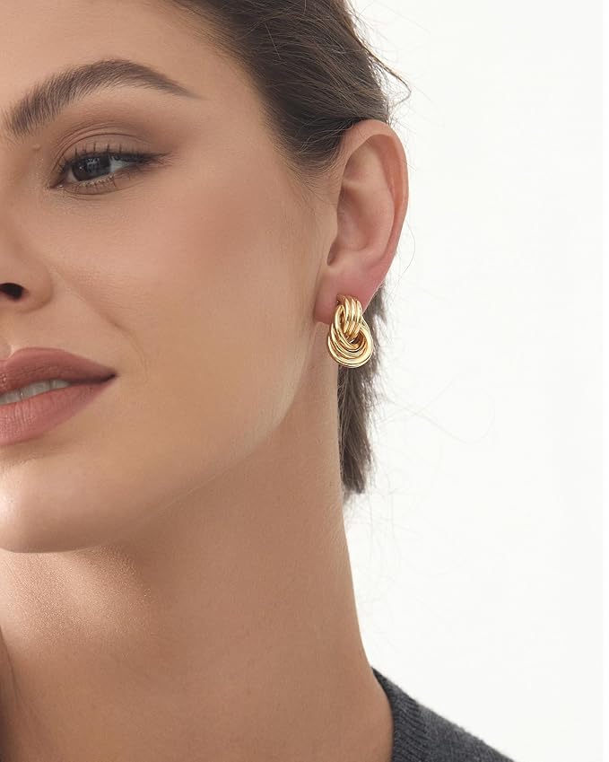 Gold Plated Chunky Gold Earrings for WomenKnot Link Circle Statement Drop Dangle Earrings Studs Trendy Jewelry